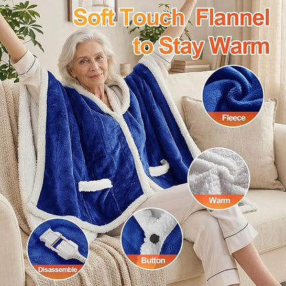 Myiosus Heated Blanket Wearable Shawl, Electric Wrap Poncho Blanket Hoodie with Pockets, Velvet & Sherpa Heating Throw with 6 Heating Levels & 4 Time Settings,Birthday Gifts for Mom, 50 x 64 Inch,Navy
