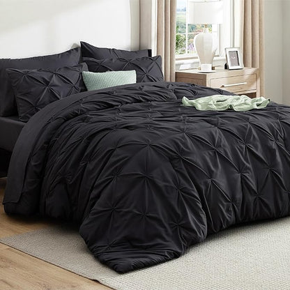Bedsure Queen Comforter Set Black - Bed in a Bag Queen Size Bedding 7 Pieces, GentleSoft™ Pintuck Bed Set Gift for Family, Pinch Pleat All Season Comforter with Sheets, Pillowcases & Shams
