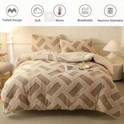 Tufted Boho Comforter Set Queen - Beige Fluffy Sherpa Bedding Set, Soft Fuzzy Jacquard Quilt Set, 3 Pieces Cozy Bed Set Warm Comforter for Winter(90"X90")