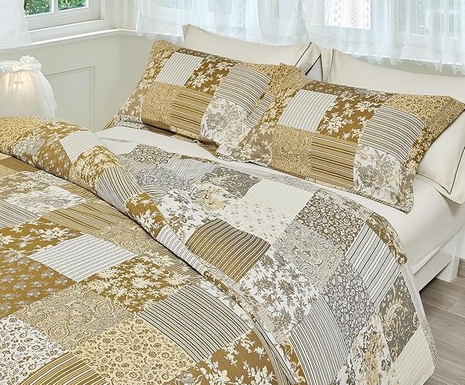 SLEEPBELLA Washed Double Layer Muslin 100% Cotton Comforter Set Queen Size, Boho Yellow Patchwork Fluffy Thick Checked Bedding Set, Soft Breathable (1 Comforter, 2 Pillow Shams)