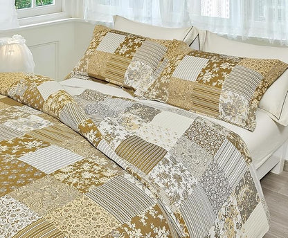 SLEEPBELLA Washed Double Layer Muslin 100% Cotton Comforter Set King Size, Boho Yellow Patchwork Fluffy Thick Checked Bedding Set, Soft Breathable (1 Comforter, 2 Pillow Shams)