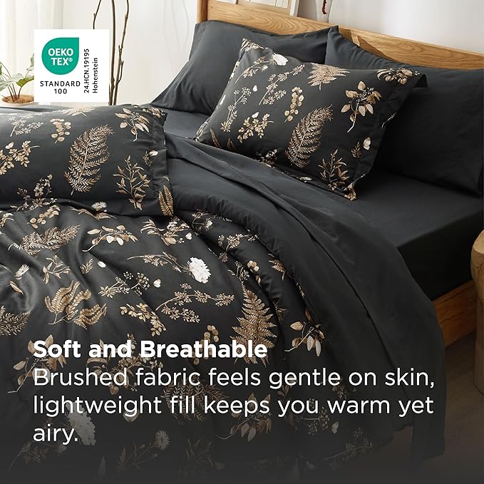 Bedsure Black Twin Comforter Set - 5 Pieces Floral Bedding Sets Twin Bed in a Bag with Reversible Botanical Flowers Comforter, Sheets, Pillowcase & Sham