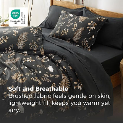 Bedsure Black Full Comforter Set - 7 Pieces Floral Bedding Sets Full Bed in a Bag with Reversible Botanical Flowers Comforter, Sheets, Pillowcases & Shams