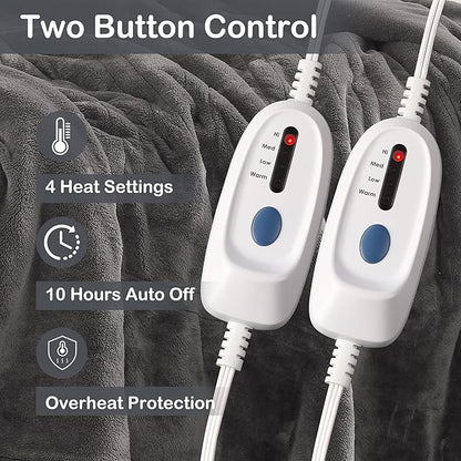 Electric Heated Blanket Queen Size 84"x90", Soft Plush Microplush for Bed, Dual Controllers & Heating Zones, 10 Hs Auto Off & 4 Heating Levels, Machine Washable, Gifts for Family-Light Gray
