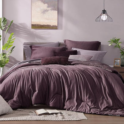 Monbix Super King Size Comforter Set, Italian Plum Bedding Set Reversible, Comforter Set 7 Pieces, Cationic Dyeing Bed in a Bag with Comforter, Sheets, Pillowcases & Shams