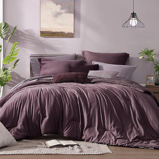 Monbix Twin XL Comforter Set Italian Plum, Cationic Dyeing Bedding Set Reversible 5 Pieces, All Season Bed in a Bag with Comforter, Sheets, Pillowcase & Sham