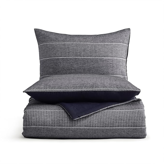 Wonderful Denim Navy Comforter Set King Size, Yarn Dyed Farmhouse Striped Linen Blended Lightweight Comforter with Pillow Shams, Blue Gray Fluffy Cabin Bedding Set for All Season