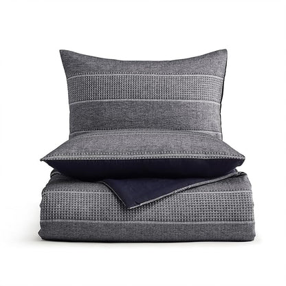 Wonderful Denim Navy Comforter Set King Size, Yarn Dyed Farmhouse Striped Linen Blended Lightweight Comforter with Pillow Shams, Blue Gray Fluffy Cabin Bedding Set for All Season