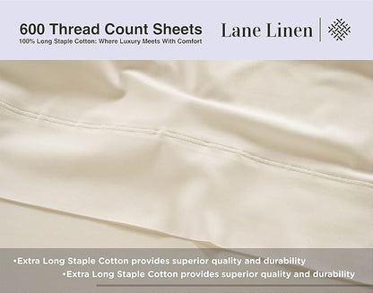LANE LINEN 100% Cotton 600 Thread Count Soft Twin Bedding Sheets & Pillowcases Set- Sateen Weave Fully Elasticized 15 inch Deep Pocket Twin Sheets, Hotely Like Think Natural Cooling Bedding - Ivory