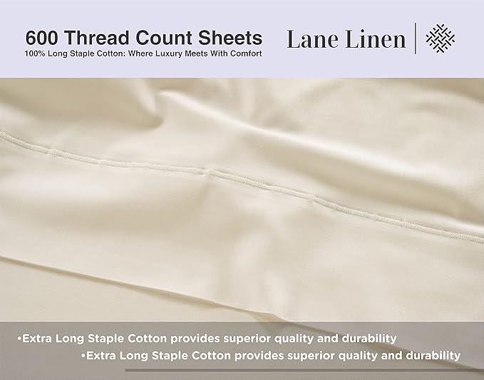 LANE LINEN 600 Thread Count 100% Cotton Bedding Sheet & Pillowcases California King, Soft & Comfy Sateen Weave Hotel Style Thick California King Sheets Set, Machine Wash - Ivory