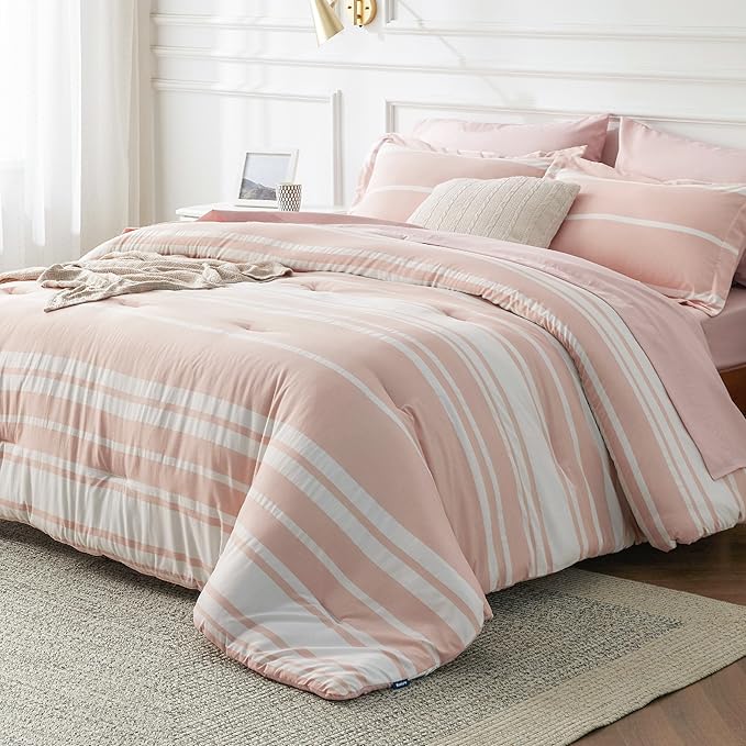 Bedsure Twin Comforter Set 5 Pieces, Light Pink Striped Bedding Set for All Seasons, Reversible, Cationic Dyeing Bed in a Bag with Comforter, Sheets, Pillowcase & Sham
