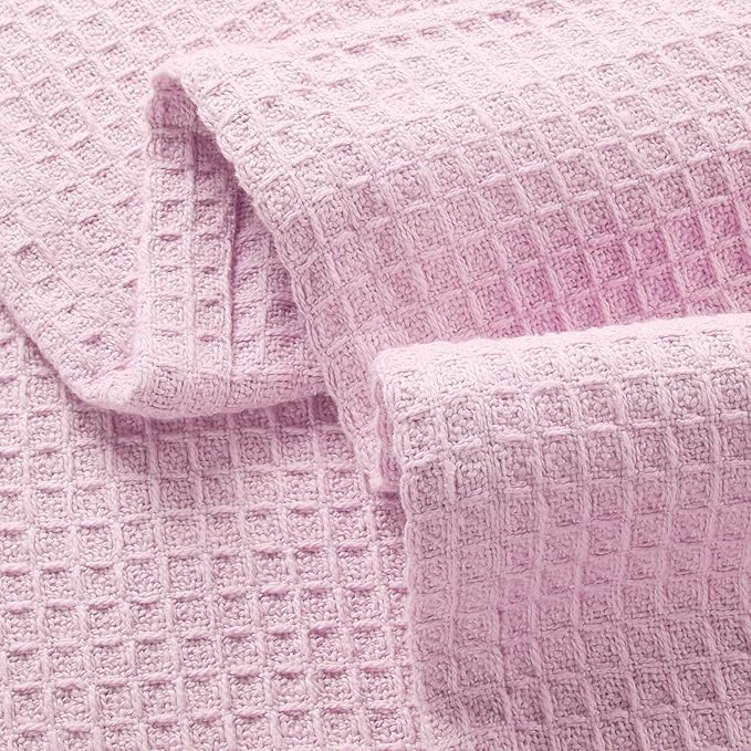 GLAMBURG 100% Cotton Thermal Blanket, Breathable Waffle Blanket, Queen Size, All Season, Baby Pink