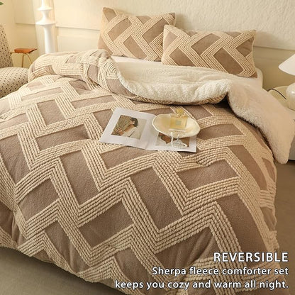 Tufted Boho Comforter Set King - Beige Fluffy Sherpa Bedding Set, Soft Fuzzy Jacquard Quilt Set, 3 Pieces Cozy Bed Set Warm Comforter for Winter(104"X90")