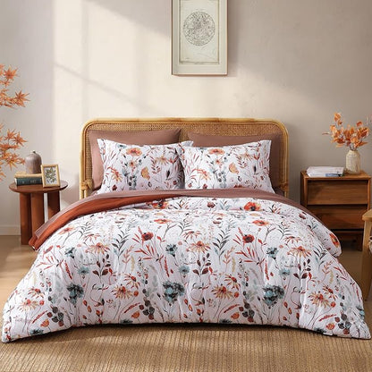 CASAAGUSTO Full Comforter Set, 7 PCS White Floral Comforter Set with Flowers Leaves Pattern, Soft Seersucker Design All Season Full Size Bedding Set(80"X90")
