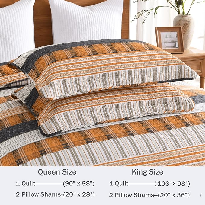 Homzard Queen Size Bedding Set，100% Cotton Quilts Queen Size，Orange Black Tan Bedspread Set，Plaid Striped Bedding Comforter Set，Lightweight Reversible Bed Set 3 Pieces