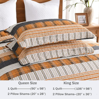 Homzard Queen Size Bedding Set，100% Cotton Quilts Queen Size，Orange Black Tan Bedspread Set，Plaid Striped Bedding Comforter Set，Lightweight Reversible Bed Set 3 Pieces