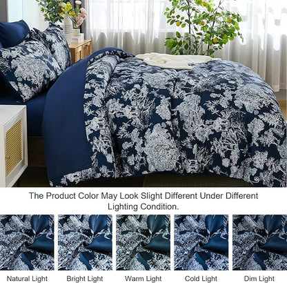DJY King Size Comforter Sets, 7 Pieces Bed in a Bag King Navy Blue Botanical Comforter Set with Sheets, White Elegant Plants Print Soft Microfiber Reversible Complete Bedding Sets for All Season
