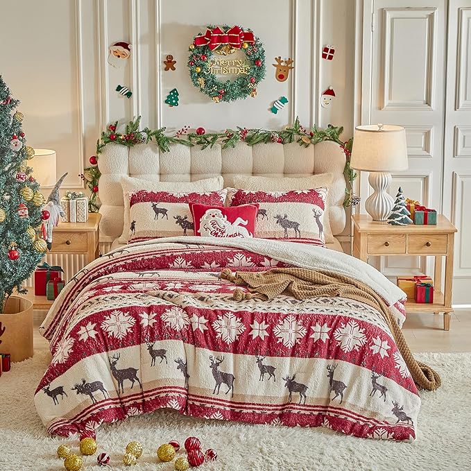 Christmas Sherpa Comforter Set King Size 3 Pieces Red Stripes Cream Snowflake Deer Holiday Winter Bedding Microfiber Warm Fleece Comforter with 2 Pillow Shams - Thanksgiving New Year Gift Choice