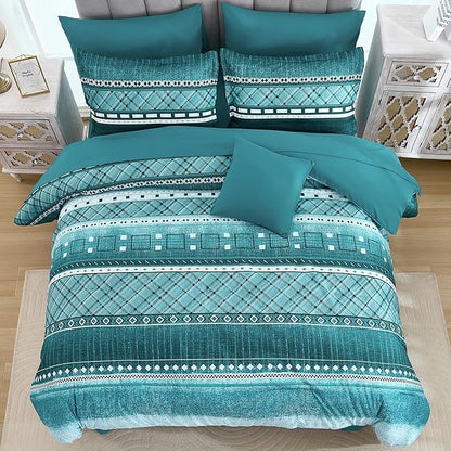 WONGS BEDDING 8 Piece King Size Comforter Set, Teal Texture Striped Bed in a Bag Comforter and Sheet Set, Boho Lightweight Microfiber Bedding Set for All Season (90"×104")
