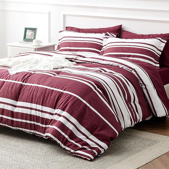 Bedsure Queen Comforter Set 7 Pieces, Burgundy Striped Bedding Set for All Seasons, Reversible, Cationic Dyeing Bed in a Bag with Comforter, Sheets, Pillowcases & Shams