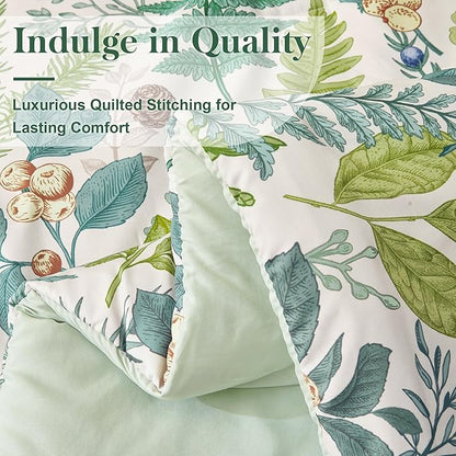 King Comforter Set - 3 Pieces Botanical Bedding Comforter Set, 1 Soft White Green Plant Flowers Comforter (104"x90") and 2 Pillow Shams(20"x36") Ultra-Soft Comfort Suitable for All Seasons