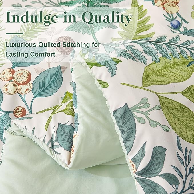 Queen Comforter Set - 3 Pieces Botanical Bedding Comforter Set, 1 Soft White Green Plant Flowers Comforter (90"x90") and 2 Pillow Shams(20"x26") Ultra-Soft Comfort Suitable for All Seasons