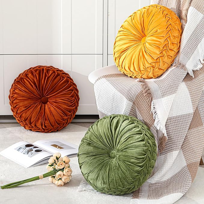1 Pcs Round Throw Pillows Decorative Velvet Pleated Throw Pillows 15'' Diameter Accent Pumpkin Boho Chair Cushion for Couch Sofa Chair Bed Home Decoration (Yellow)