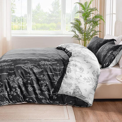 Love's cabin Black Queen Comforter Set - Queen Size Comforter Set, 3 Pieces Cute Floral Bedding Sets for All Seasons,1 Soft Reversible Botanical Flowers Comforter and 2 Pillow Shams