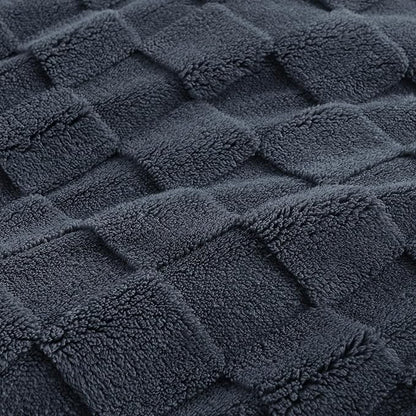 Litanika Fluffy Twin Size Comforter Set Navy, 3 Pieces Warm Sherpa Fleece Winter Bedding Set, Jacquard Checkered Plush Fuzzy Bed Set(1 Comforter, 2 Pillowcases)
