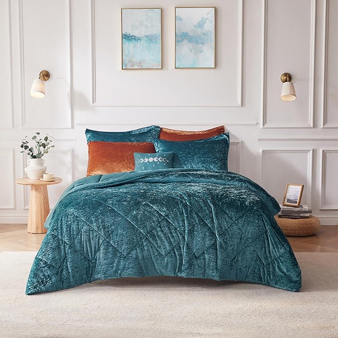 Intelligent Design King Comforter Set, Velvet Comforter Set , Luxury Diamond Quilting Comforter Set, Fluffy Comforter Bed Set with Decorative Pillowand 2 Shams, 4 Piece Teal, King/ Cal King