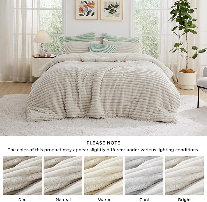 Bedsure Queen Comforter Set - GentleSoft™ 3 Pieces Fluffy Double-Side Fleece Comforter Set, Cozy Striped Room Decor Aesthetic, Luxury Linen Bedding Queen Size with 2 Pillowcases, 90x90 Inches