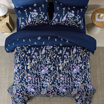 Yiran Navy Floral Comforter Set King Size, 7 Piece Blue Botanical Flowers Comforter Bedding Set, Bed in a Bag King, Soft Microfiber Complete Bedding Set with Sheets for All Season