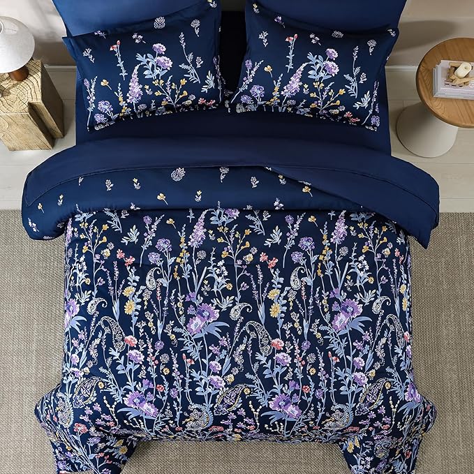 Yiran Navy Floral Comforter Set Queen Size, 7 Piece Blue Botanical Flowers Comforter Bedding Set, Bed in a Bag Queen, Soft Microfiber Complete Bedding Set with Sheets for All Season