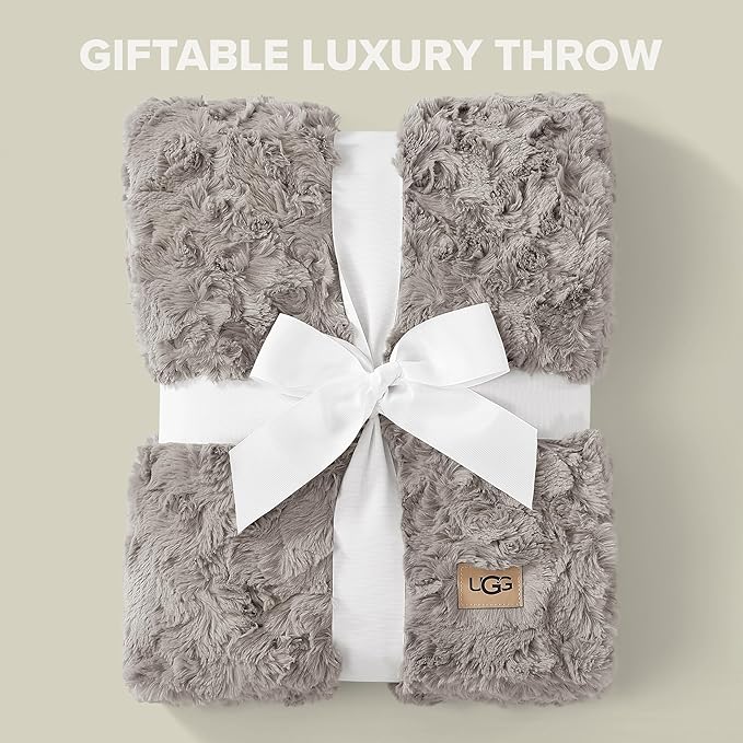 UGG Adalee Faux Fur Throw Blanket Luxury Lightweight Cozy Soft Throw for Couch Bed or Chair Hypoallergenic Machine Washable Double-Sided Fluffy Blanket Home Decor, 50-inch x 70-inch, Seal Grey
