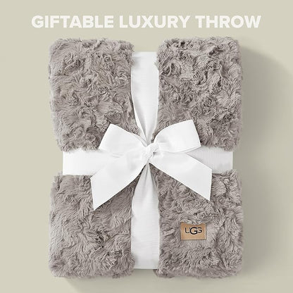 UGG Adalee Faux Fur Throw Blanket Luxury Lightweight Cozy Soft Throw for Couch Bed or Chair Hypoallergenic Machine Washable Double-Sided Fluffy Blanket Home Decor, 50-inch x 70-inch, Seal Grey