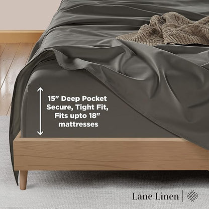 LANE LINEN Queen Size Bed Sheets Set – 600 Thread Count 100% Natural Cotton Cooling Sheets, Hotel Luxury Soft Sateen Finish, Snug Fit 15" Deep Pocket Elasticized Fitted Sheet – Charcoal