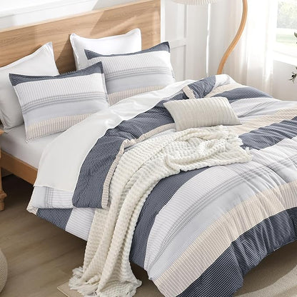Litanika Comforter Set Full Size Blue Yellow - 3 Pieces Lightweight Blue Yellow White Colorblock Stripe Fluffy Bedding Comforter Sets, All Season Bed Set
