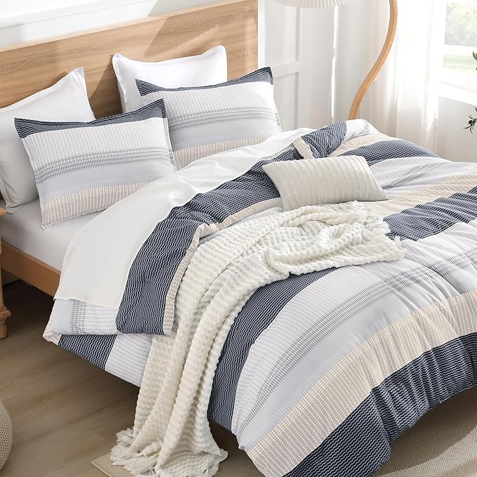 Litanika Comforter Set Queen Size Blue Yellow - 3 Pieces Lightweight Blue Yellow White Colorblock Stripe Fluffy Bedding Comforter Sets, All Season Bed Set