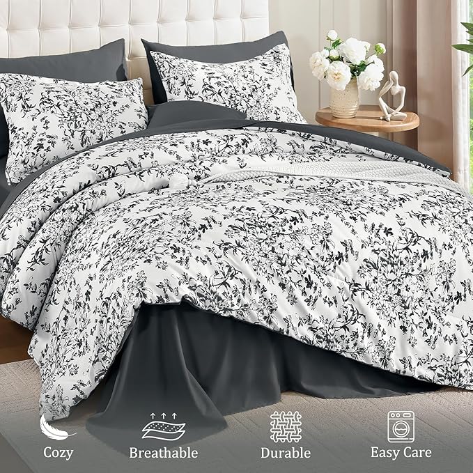 WONGS BEDDING Comforter Set King, 8 Pieces Black Gray Floral Botanical Plants Print Comforter, Soft Fluffy Microfiber Complete Bed in a Bag Bedding Sets for All Season (90"x104")