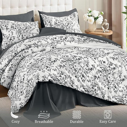 WONGS BEDDING Comforter Set King, 8 Pieces Black Gray Floral Botanical Plants Print Comforter, Soft Fluffy Microfiber Complete Bed in a Bag Bedding Sets for All Season (90"x104")