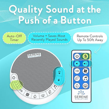 Serene Evolution White Noise Sound Machine with Remote Control - 70 Sound Options for Sleeping Adults and Babies - White Noise Machine for Office Privacy, Noise Canceling with Ocean and Rain Sounds