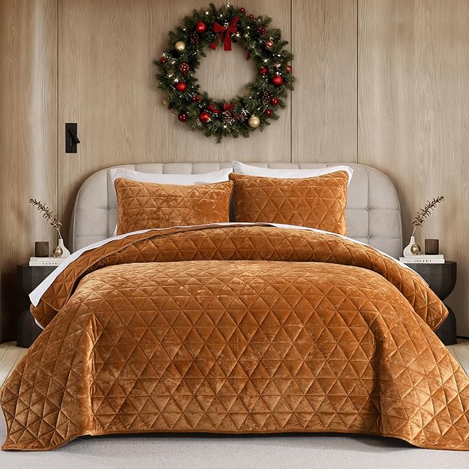 Homzard Velvet Quilt Set Queen Size Bedding Set, Caramel Gold Comforter Queen Size, Soft Bedspreads, Plush Lightweight Bedding for All Season