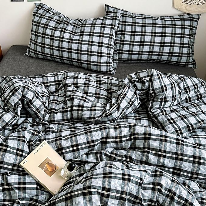 HighBuy Full Comforter Set Dark Grey Gingham Plaid Comforter for Men Boys Modern Chic Plaid Comforter Set Fluffy Comfy Grid Checkered Pattern Comforter with 2 Pillowcases,Gingham Bedding Set Full