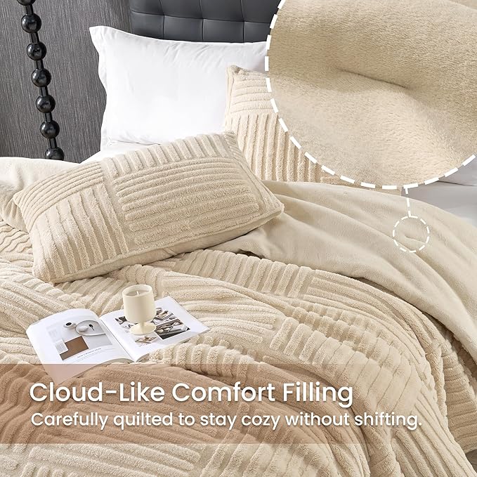 Amélie Home King Size Comforter Set with Stripe Jacquard Design, Khaki Fluffy King Bedding Set, Super Soft Plush Bedding Set for Winter,3 Pieces, 1 Soft Comforter and 2 Pillowcases