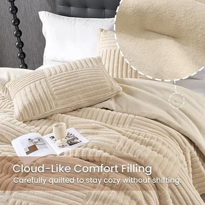 Amélie Home Queen Comforter Set with Stripe Jacquard Design in Khaki, Super Warm Fluffy Plush Bedding Set for Winter, 3 Pieces Including 1 Soft Comforter and 2 Pillowcases