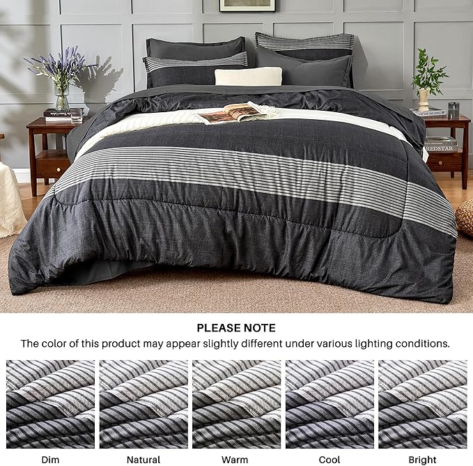 Andency Comforter Set Black White Grey Oversized King(120"x120")- 7 Pieces Striped Lightweight Bed in a Bag, Soft Reversible Bedding Set with Comforter, Fitted & Flat Sheet, Pillowcases & Shams