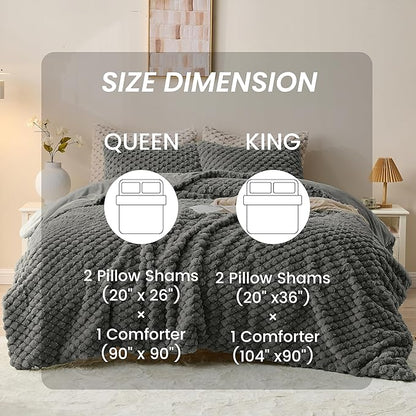Simple&Opulence Fluffy Faux Fur Comforter Set, Plush Fuzzy Minky Bedding Set, 3 Pieces Warm Soft Comforter Bedding Set for Winter - 1 Shaggy Comforter with 2 Pillow Shams(King, Grid - Dark Grey)