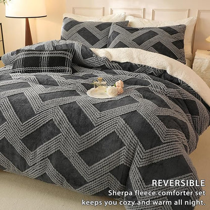 Tufted Boho Comforter Set Queen - Grey Fluffy Sherpa Bedding Set, Soft Fuzzy Jacquard Quilt Set, 3 Pieces Cozy Bed Set Warm Comforter for Winter(90"X90")