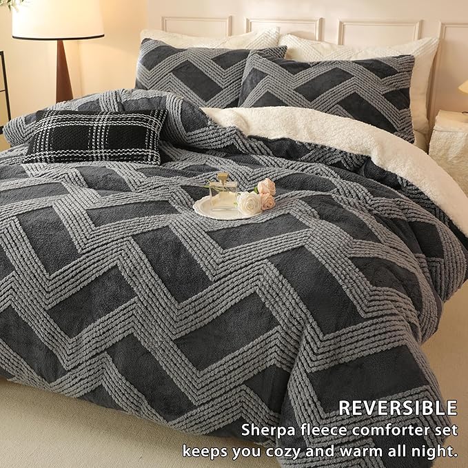 Tufted Boho Comforter Set Twin - Grey Fluffy Sherpa Bedding Set, Soft Fuzzy Jacquard Quilt Set, 2 Pieces Cozy Bed Set Warm Comforter for Winter(68"X90")