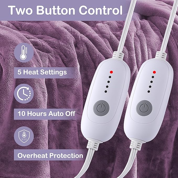 Electric Heated Blanket Queen Size 84"x90", Soft Plush Microplush for Bed, Dual Controllers & Heating Zones, 10Hs Auto Off & 5 Heating Levels, Machine Washable, Gifts for Family-Light Purple